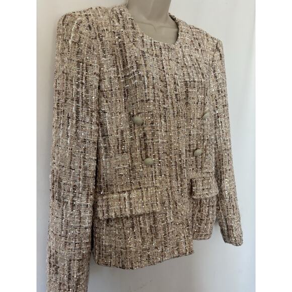L'Agence Blazer Jacker 12 Womens Tan Beige Gold Open Front Tweed Pattern - Picture 2 of 14